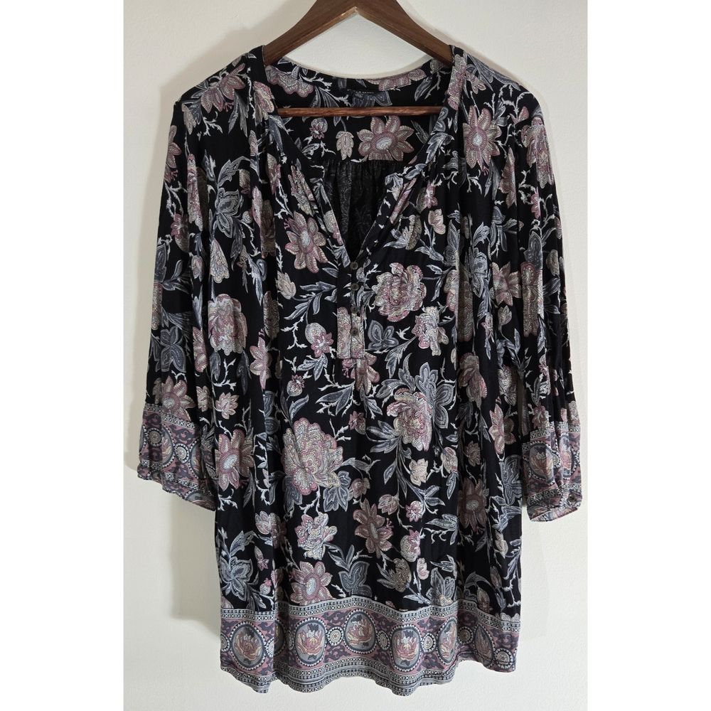 Lucky Brand Plus Size Floral Print Top Shirt  Sz 2X Comfy 3/4 sleeves Nice